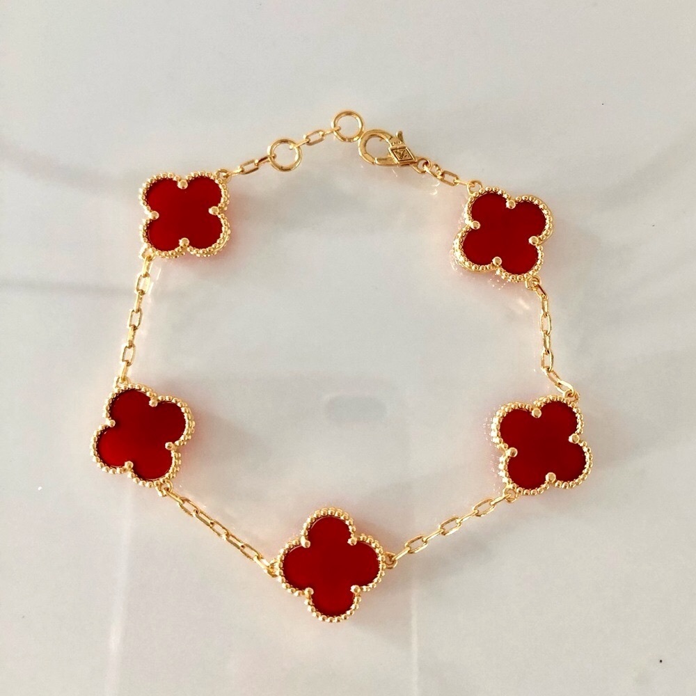 Red Carnelian 5 Quatrefoil Clover Motif Gold Bracelet